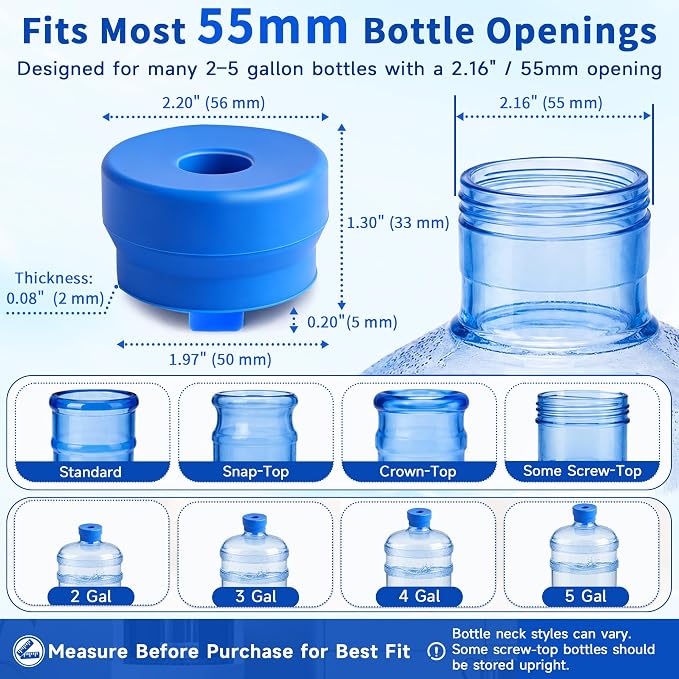3 & 5 Gallon Water Jug Caps, 6 Pack, Fits 55mm Openings, Non-Spill Lids | 2-5 Gal Bottles, Reusable Silicone Water Bottle Caps, Refill Transport, Water Cooler Use, Bottle Pump Use, Side Pull Tabs