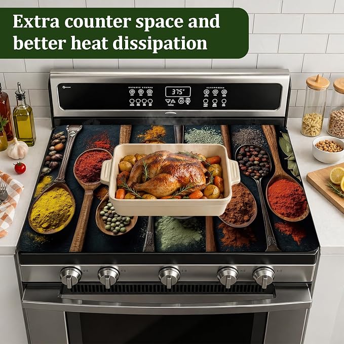 Colourful Various Herbs Electric Stove Top Cover Protector,Spices Glass Flat Top Stove Mat,Heat-Resistant Oven Induction Cooktop Mat for Ceramic Countertop Mats Dish Drying Mat
