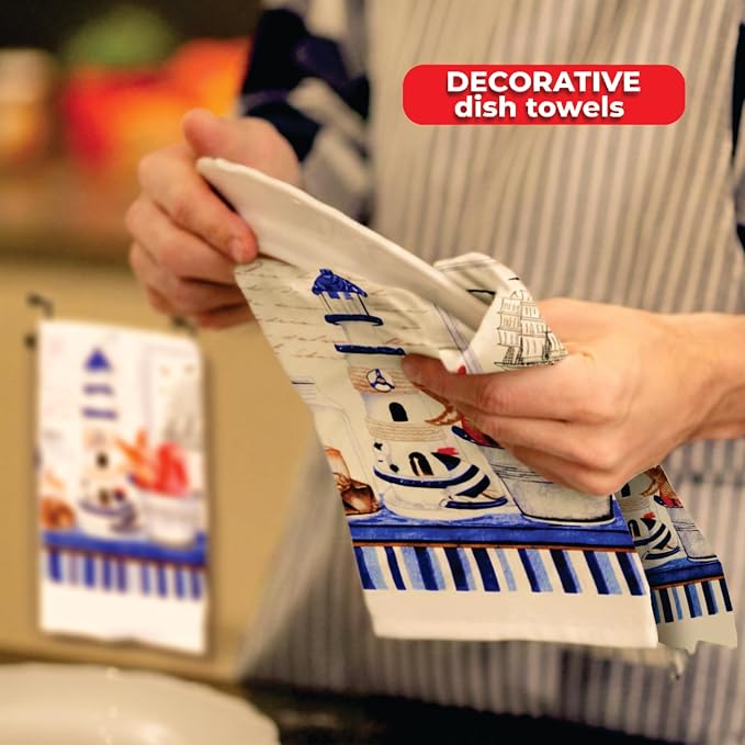 Nautical Lighthouse 5 Piece Kitchen Towel Set | Kitchen Towel Set with 2 Decorative Dish Towels (25 X15), 1 Oven Mitt (11 X 7) and 2 Potholders (6.5 X 6.5)