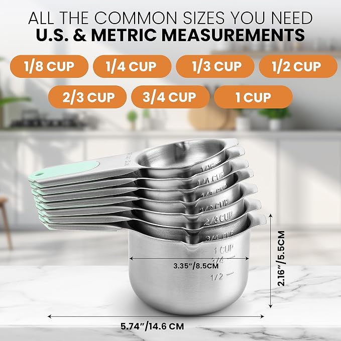 Spring Chef Magnetic Stainless Steel Measuring Cups Set of 7 Patented, Mint | Metal Measuring Cups for Measuring Dry or Liquid Ingredients, Easy to Read Markings, Dishwasher Safe Nesting Magnetic Cups