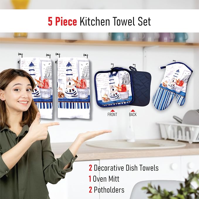 Nautical Lighthouse 5 Piece Kitchen Towel Set | Kitchen Towel Set with 2 Decorative Dish Towels (25 X15), 1 Oven Mitt (11 X 7) and 2 Potholders (6.5 X 6.5)