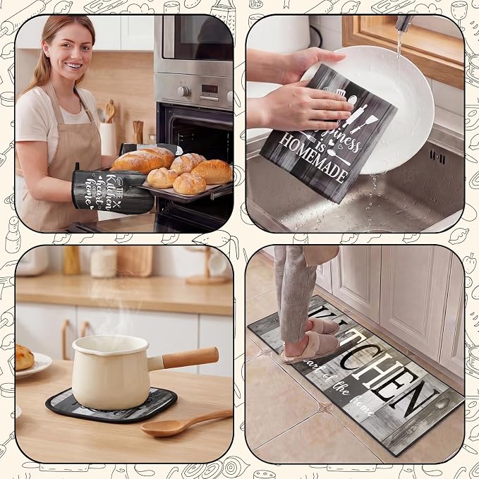 10 Pcs Kitchen Decor and Accessories Set, Rustic Country Vintage | Western 4 Dish Towels Kitchen Rugs 2 Oven Mitts 2 Pot Holders, Home Decor for Cooking Baking BBQ Gifts Women Mom Housewarming