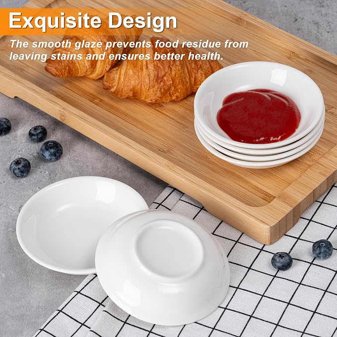 Eisinly 6 Pack Dipping Bowls, 3 OZ Small Ceramic Soy Sauce Dish, White | 4 Inch, Clean, Shiny, Safe, Dishwasher Safe, for Seasonings, Sushi & BBQ