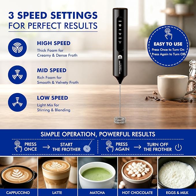 Rechargeable Milk Frother with Stand, 4 Interchangeable Whisks & Travel Case – Handheld Mixer for Lattes, Matcha, Hot Chocolate, Eggs & Protein Shakes
