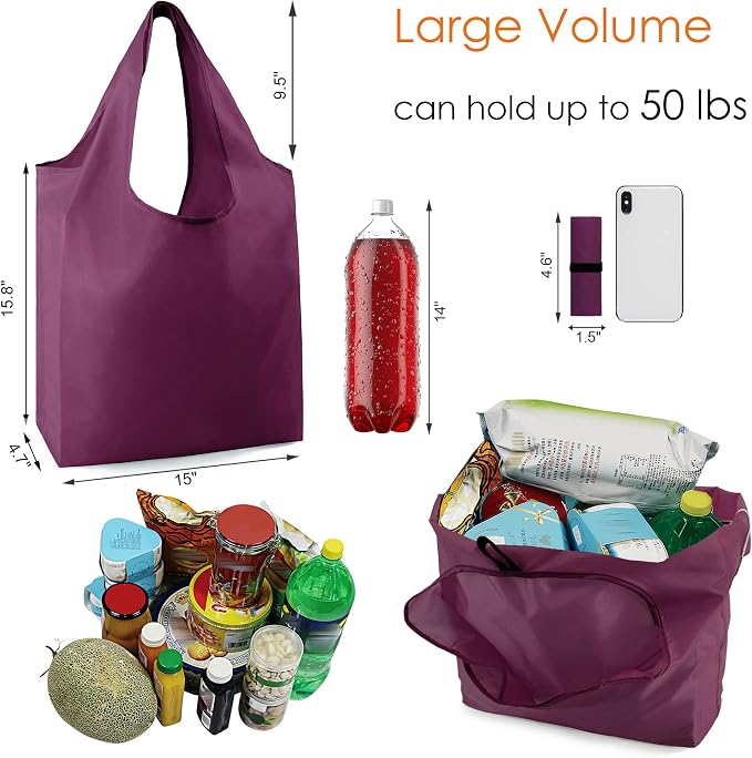 BeeGreen Burgundy Reusable Grocery Bags Wine Red Reusable Kitchen Bags Bulk Foldable-Machine Washable with Zipper Storage Pouch 50 Packs