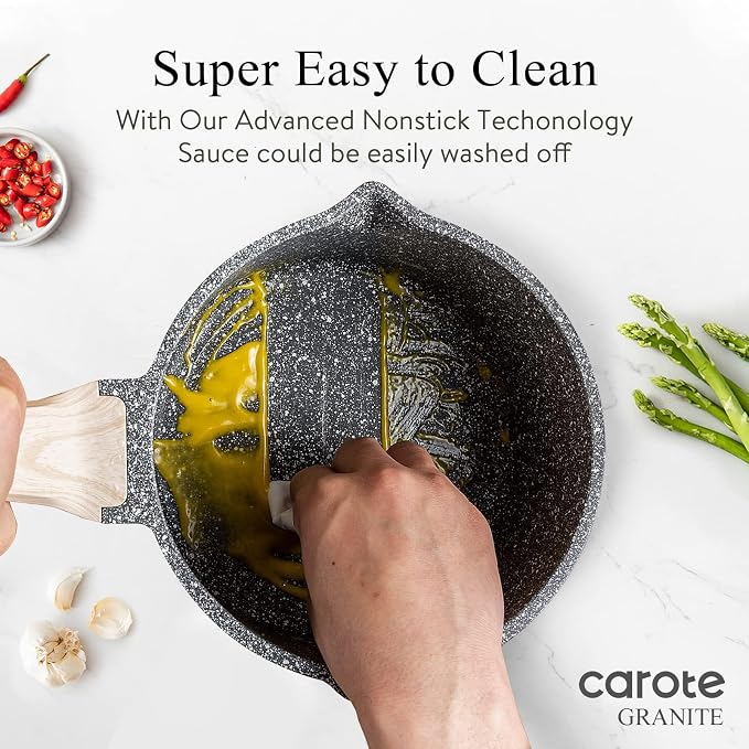CAROTE Nonstick 1.5Qt & 3.0Qt Sauce Pan Sets with Lid, Black | Kitchen Non Toxic Cookware with Stay-cool Handle, All Stovetops Compatible, Dishwasher Safe, PFOA Free