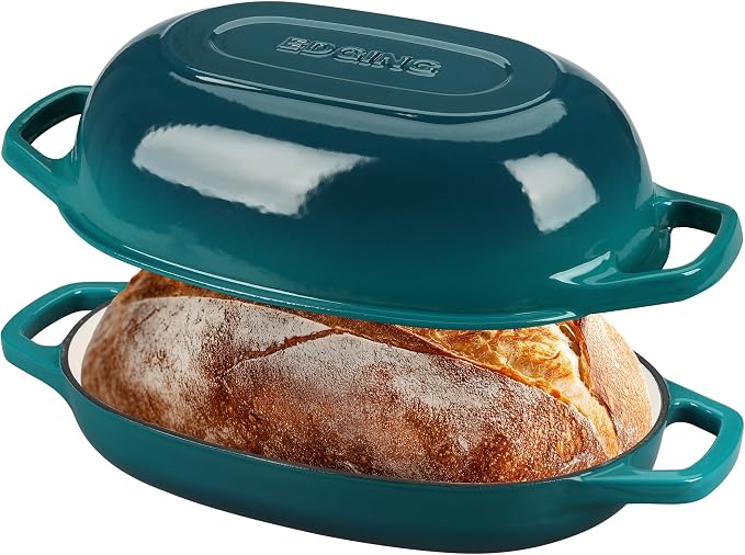 EDGING CASTING Enameled Cast Iron Oval Dutch Oven Pot with Lid, Dutch Oven for Sourdough Bread Baking, Bread Oven, Bread Dutch Oven, Oval Bread Pan, 5qt, Darkcyan