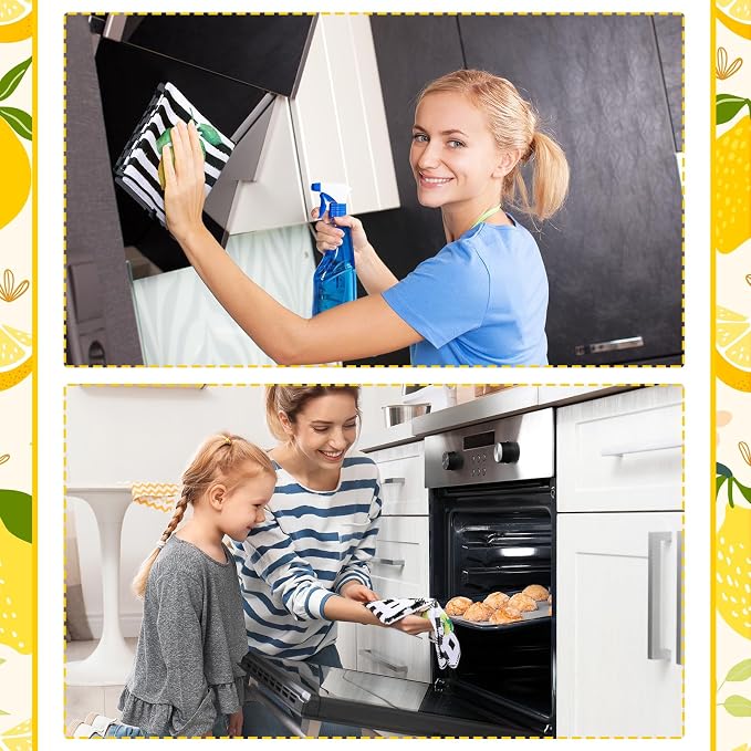 4 Pcs Lemon Kitchen Towels, Absorbent Quick Dry Tea Towels Gifts | Lemonade Gnome Black White Striped Decorative Dishcloths with Hanging Loop, Farmhouse Summer Kitchen Decor Housewarming Gift