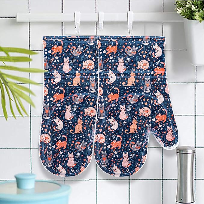 Oven Mitts with Transparent Clear Silicone Shell and Nice Cat Printing | Kitchen Mittenes Cotton Lining Set of 2, Heat Resistant to 500 F Oven Gloves Pot Holder for Cooking (Navy, Cat, mitts)