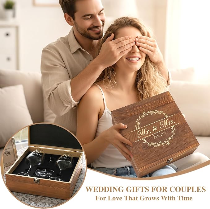 Wedding Gifts for Couples 2026 Mr and Mrs Engraved Wine Glasses Engagement Gift for Newlywed Bachelorette Bridal Shower Gifts for Bride and Groom Present for Bride To Be His and Hers
