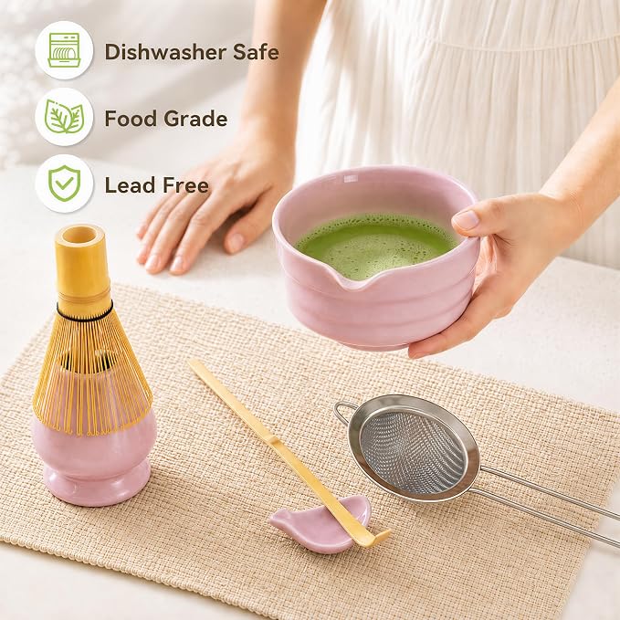 Matcha Whisk Set with Elegant Pink Ceramic Bowl - Complete Matcha Making Kit, Bamboo Whisk (Chasen), Holder, Matcha Sifter, Scoop, Traditional Tea Ceremony Tools
