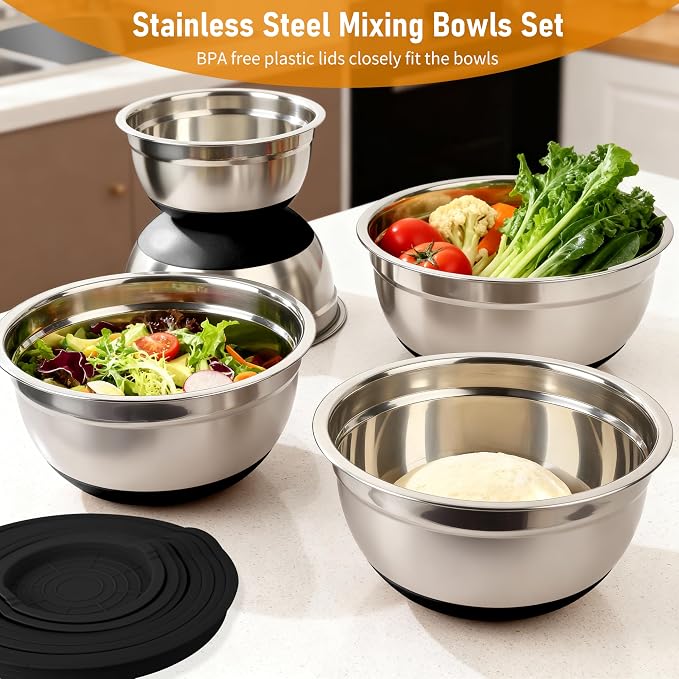Mixing Bowls with Airtight Lids, 18pcs Stainless Steel Mixing Bowls Set | Nesting Non-slip Silicone Bowls Bottom, Size 4.5, 3.6, 2.7, 2.1, 1.7, 1.1, 0.7 qt, Fit for Mixing & Serving(Black)