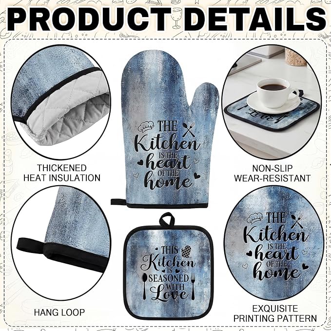 10 Pcs Kitchen Decor and Accessories Set, Rustic Country Blue | Vintage 4 Dish Towels Kitchen Rugs 2 Oven Mitts 2 Pot Holders, Home Decor for Cooking Baking BBQ Gifts Women Mom Housewarming