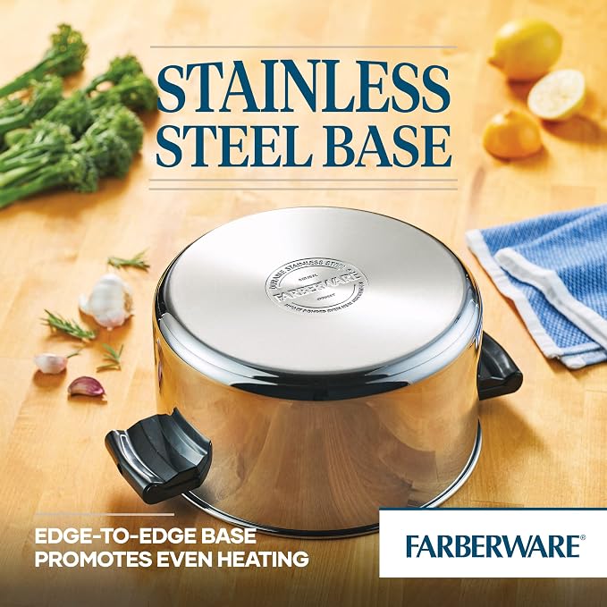 Farberware Classic Stainless Steel Stockpot with Lid, 6-Quart | Durable Stainless Steel Construction For Stocks, Soups And Boiling Pasta, Dishwasher Safe, Everyday Cooking