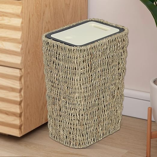 Trongee Boho Trash Can with Lid,3 Gallon Small Rattan Trash Can with Press Top Lid,Slim Wicker Waste Basket and Hamper 2 in 1 for Bathroom,Seagrass Woven Garbage Can Trash Basket for Bathroom,Kitchen