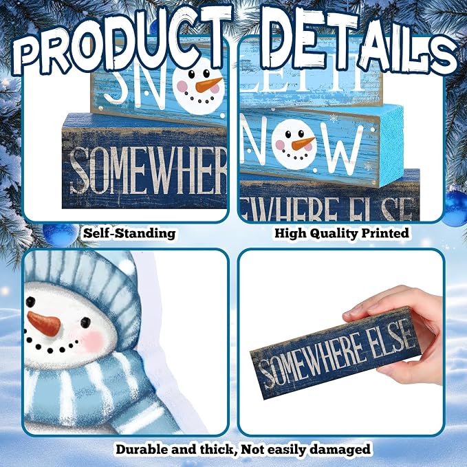 Lineshading 4 Pcs Wooden Snowman Tiered Tray Decor Block Signs Winter | Farmhouse Stacked Blocks, Let It Snow Somewhere Else Quote, Rustic Winter Seasonal Display for Shelves Mantels Tabletops