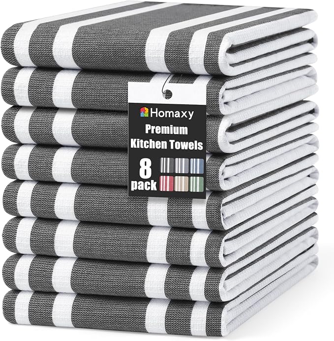 Homaxy Premium Cotton Stripe Kitchen Towels 8 Pack, 18"x 28", Black | Large 380 GSM Kitchen Hand Towels, Soft Terry Dish Towels, Highly Absorbent Tea Towel Set with Hanging Loop