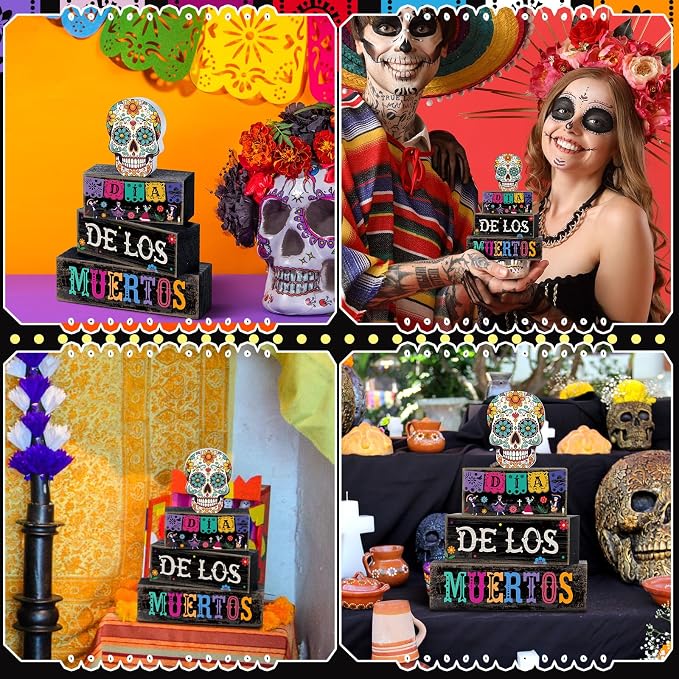Lineshading 4 Pcs Day Of The Dead Table Decorations Sugar Skull Decor | Rustic Dia De Los Muertos Decor for Farmhouse Tabletop Tiered Tray, Stacked Blocks for Halloween Party Home Shelf Decoration