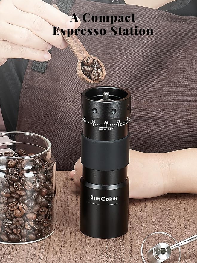 Manual Coffee Grinder with 16μm External Adjustment, Precision Espresso & Pour Over Grinder, CNC Stainless Steel Conical Burr, Drill-Compatible Aluminum Body, Portable Coffee Grinder, Black