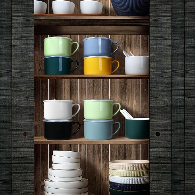 Soup Bowls with Handles & Spoons, 30oz Ceramic Ramen Bowl with Lid, Large Soup Mugs/Cups for Instant Noodle, Big Cereal Bowls for Oatmeal, Soup Containers with Lids, Set of 2, Sky Blue