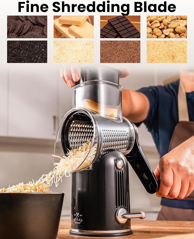 Zulay Kitchen Rotary Cheese Grater 5 Blade Cheese Shredder - Manual Hand Crank Cheese Grater With Reinforced Suction & 5 Interchangeable Drums - Easy to Use, Vegetable Chopper Round Mandoline Slicer