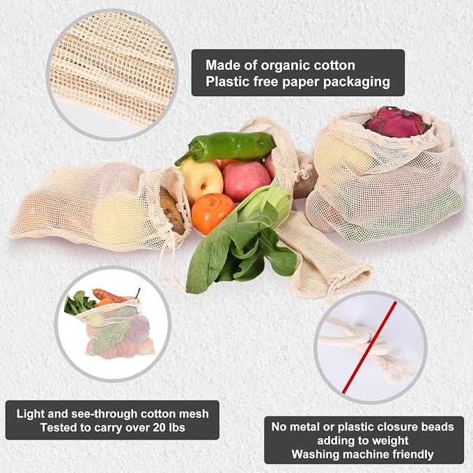 Reusable Bags Produce Bags Reusable Washable - Vegetable Bags, Grocery Bags, Cotton Mesh Bags for Farmers Market, Beach, and Refrigerator Storage Vegetables (12)