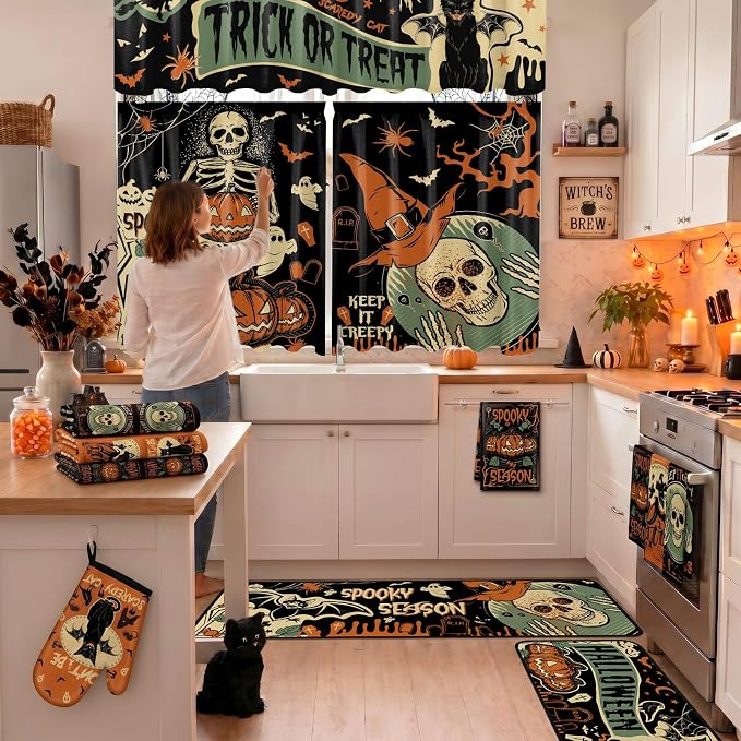 13 Pcs Halloween Gothic Kitchen Set with Towels Terror Forest Bat Nonslip Mats Skull Curtains Valance Pot Holders Oven Mitts for Halloween Kitchen Dining Table Home Accessories