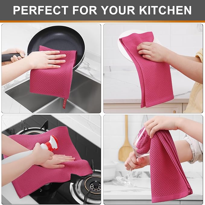 Kitinjoy 100% Cotton Waffle 12-Pack Kitchen Towels, 13" x 28", Hot Pink | Super Soft, Ultra-Absorbent, Fast Drying, lightweight, Quick Drying Kitchen Hand Towels
