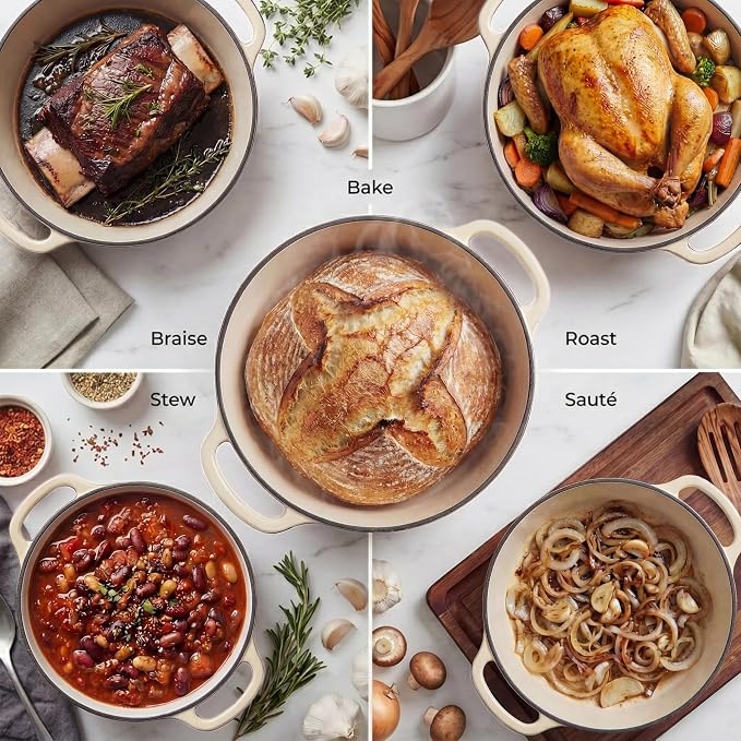 Zulay Kitchen 5 Quart Enameled Cast Iron Dutch Oven Pot with Lid – Premium Durability & Oven Safe up to 500°F – Heavy Duty Cookware Perfect for Bread Baking, Stews, Braising & Roasting – Ivory