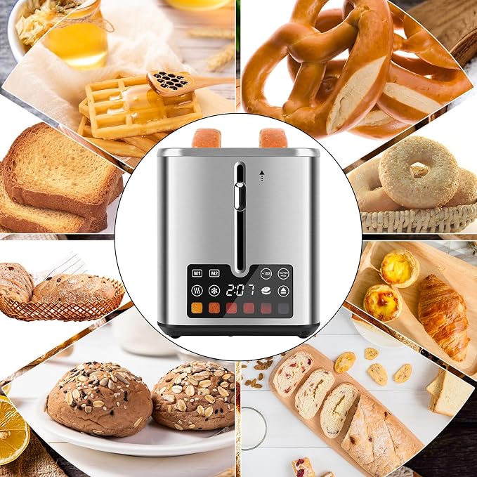 Touch Screen Toaster 2 Slice, Bagel Toaster with LCD Display, Stainless Steel Smart Digital Toasters with +15s Boost,Dual Memory Functions,Toasters with 6 Shade Settings & Extra-Wide Slots,900W