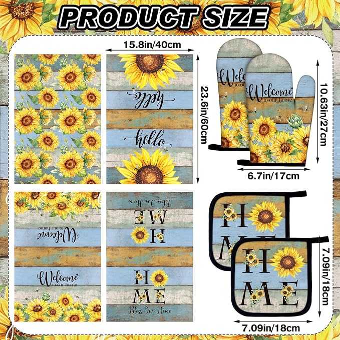 Leinuosen 8 Pcs Farmhouse Sunflower Kitchen Towels and Dishcloths Sets Oven Mitts and Pot Holders Sets Absorbent Kitchen Gloves Potholders Heat Resistant for Chef Baking Cooking
