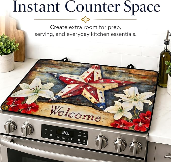Patriotic Electric Stove Top Cover, Heat Resistant Glass Cooktop Protector for Kitchen Ceramic Countertops, Multiuse Stove Cover and Dish Drying Mat