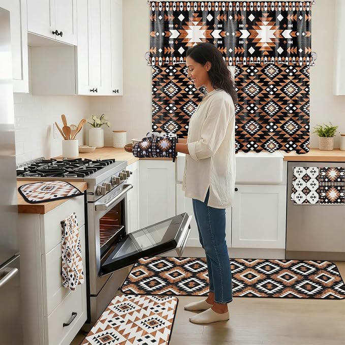 13 Pcs Western Aztec Kitchen Decor Set with Western Kitchen Towel American Decorative Nonslip Mats Curtains Southwest Valance Pot Holders Oven Mitts for Home Decoration Cooking Baking Gift