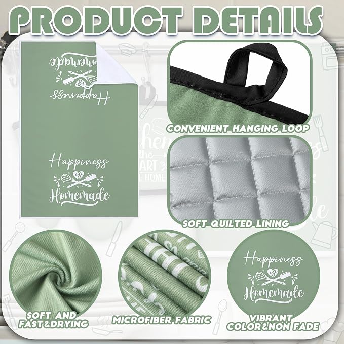 Sratte 6 Pcs Kitchen Decor Accessories Set, Kitchen, Sage Green | Farmhouse Kitchen Towels Pot Holders Oven Mitts Set 2 Dish Towels 2 Potholders 2 Cooking Mittens for Baking Cooking Supply