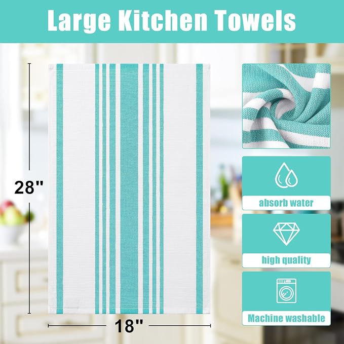 Homaxy Premium Cotton Stripe Kitchen Towels 6 Pack, 18"x 28", Teal | Large 380 GSM Kitchen Hand Towels, Soft Terry Dish Towels, Highly Absorbent Tea Towel Set with Hanging Loop
