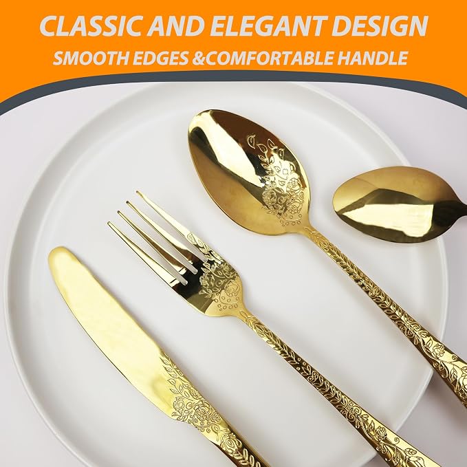 Runfly Modern Carved Floral Gold Stainless Steel 20-Piece Flatware Set | Silverware Set, Vintage Utensil Set, Cutlery Set for Home and Kitchen, with Knife/Fork/Spoon