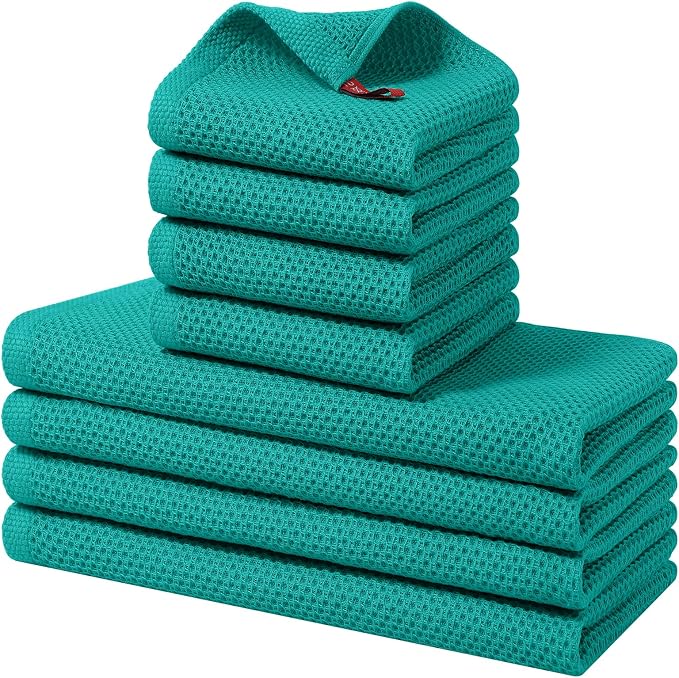 Homaxy 8 Pack 100% Cotton Kitchen Towels and Dishcloths Set, Teal | 12 x 12 Inches and 13 x 28 Inches Kitchen Towels Set, Ultra Soft Absorbent Dish Cloths for Washing Dishes