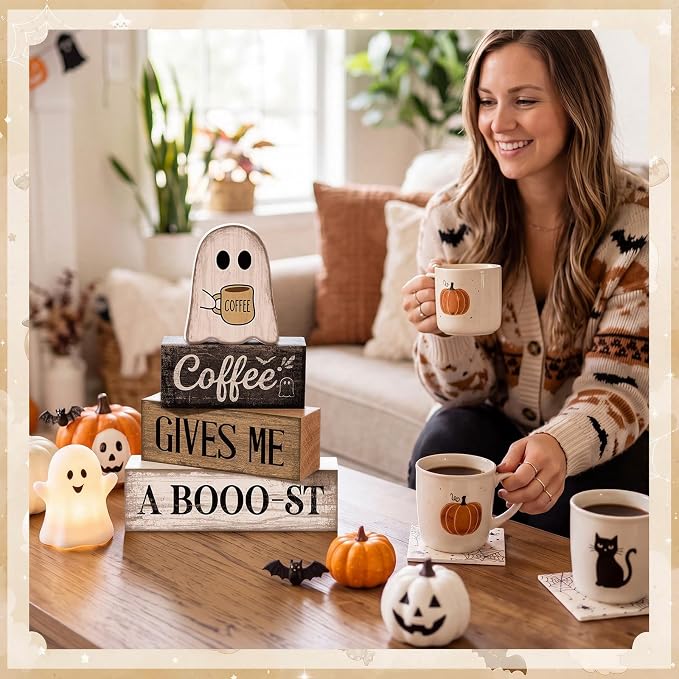 Lineshading 4 Pcs Halloween Tiered Tray Decor, Wooden Ghost Coffee Blocks | Rustic Farmhouse Table Decorations, Stackable Wood Blocks with Boo-st Coffee Theme, Gift for Home Kitchen Seasonal Display