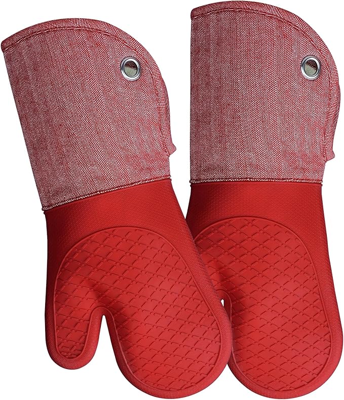 Professional Microwave Silicone Oven Mitts one Pair, Kitchen Mitten Set | Heat Resistant with 500 Degrees Oven Gloves Pot Holder for BBQ Cooking Baking (Red)