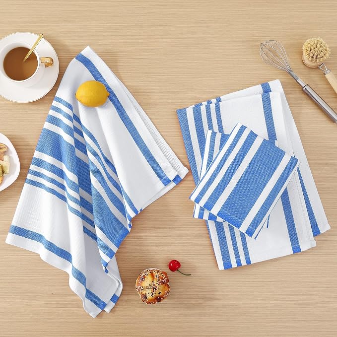 Homaxy Premium Cotton Stripe Kitchen Towels 8 Pack, 18"x 28", Blueberry | Large 380 GSM Kitchen Hand Towels, Soft Terry Dish Towels, Highly Absorbent Tea Towel Set with Hanging Loop