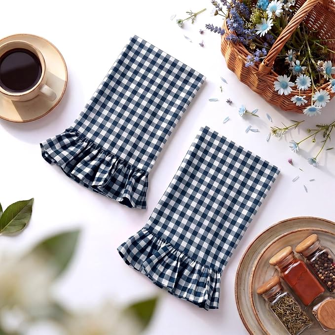 HunnmingRe 2 Pcs Navy Blue Gingham Kitchen Towels Cotton Ruffled | Checked Dish Towels 18"x28" Tea Cloths Plaid Cottage Core Kitchen Decor for Farmhouse Charm Drying Dishes Entertaining Guests