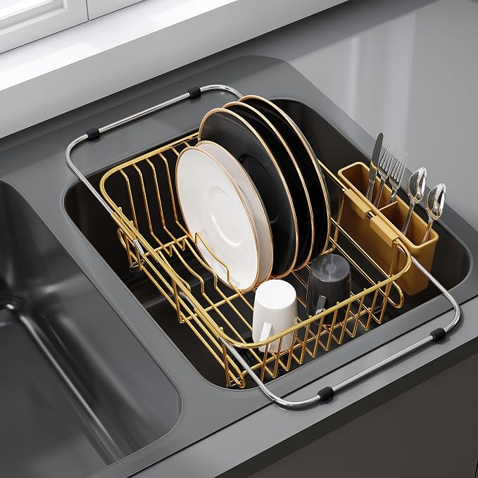 JASIWAY Gold Dish Drying Rack in Sink with Utensil Holder, RV, Apartment | Over Sink Expandable Stainless Steel Dish Drainers for Compact Kitchen, Space Saving, Fast Drain, Rustproof, For 1-2 people