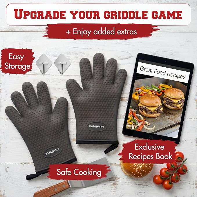 KITCHEN PERFECTION Silicone Griddle Grill Gloves Heat Resistant Oven Mitts | Waterproof, 5-Finger Design For A Better Grip, Best Griddle Grilling Accessories, Compatible with Blackstone, Weber & More