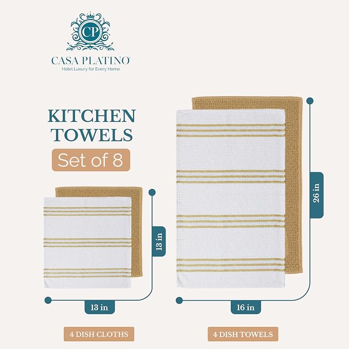 Casa Platino Kitchen Towel Set 8 Pc 4 Dish Towels for Kitchen (16"x26") & 4 Dishcloths (13"x13") - Soft, Absorbent Tea Towels & Quick Drying Dish Rags With Hanging Loops For Drying Cookwares - Beige.