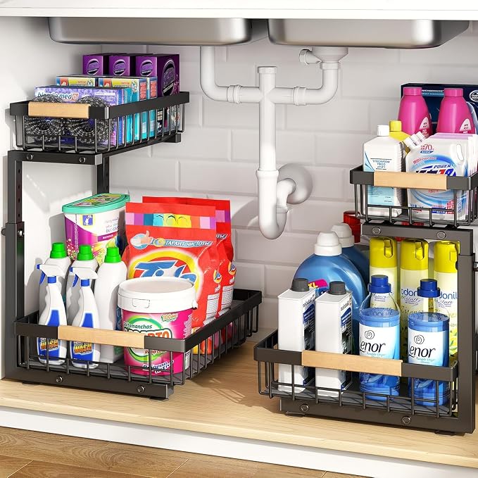 PXRACK Under Sink Organizer, Adjustable Height, 2 Tier Pull Out Under Cabinet Organizer, Slide Out Thickened Metal Under Sink Storage for Kitchen Bathroom Laundry Pantry Cabinet, Black, Small-1-Pack