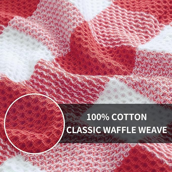 Homaxy Kitchen Towels and Dishcloths Set, Set of 12, White & Red | Bulk Cotton Waffle Weave Check Plaid Kitchen Towels, Super Soft and Absorbent Dish Cloths, 12 x 12 and 13 x 28 Inches