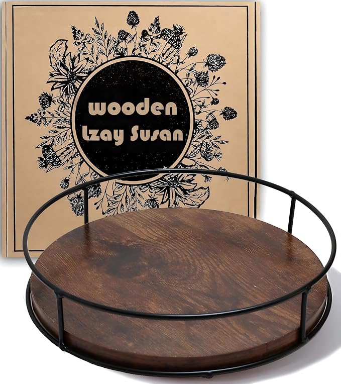 9" Rustic Brown Wood Lazy Susan,360° Decorative Turntable for Countertop