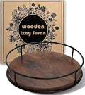9" Rustic Brown Wood Lazy Susan,360° Decorative Turntable for Countertop