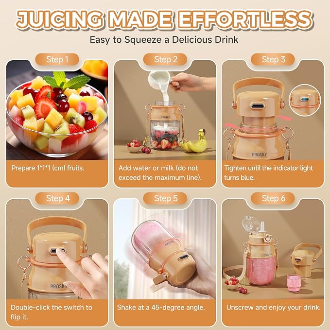 Portable Blender, Personal Blender for Shakes and Smoothies with 27oz Cup, Lid and Shoulder Strap, Type-C USB Rechargeable, BPA-Free for Travel/Kitchen (Light Orange)