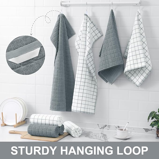 Homaxy Large Premium Cotton Kitchen Towels 16"x 28", 12 Pack, Grey | Natural Ring Spun 390 GSM Dish Towels, Super Absorbent Terry Kitchen Hand Towels, Soft Tea Towels with Hanging Loop